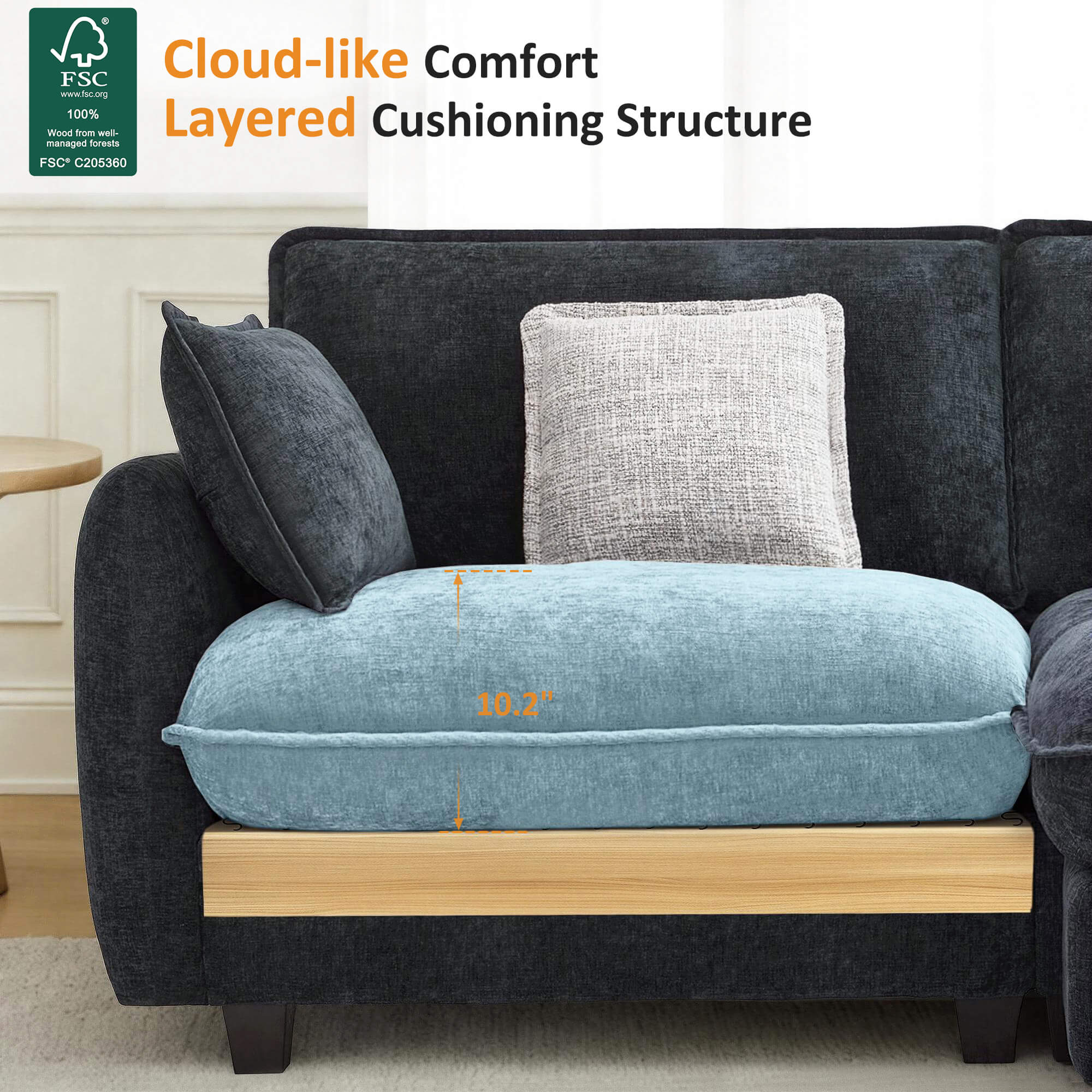 Oversized Cloud Modular Sectional Sofa, FSC Certified Sectional Couches with Ottoman for Living Room S0701