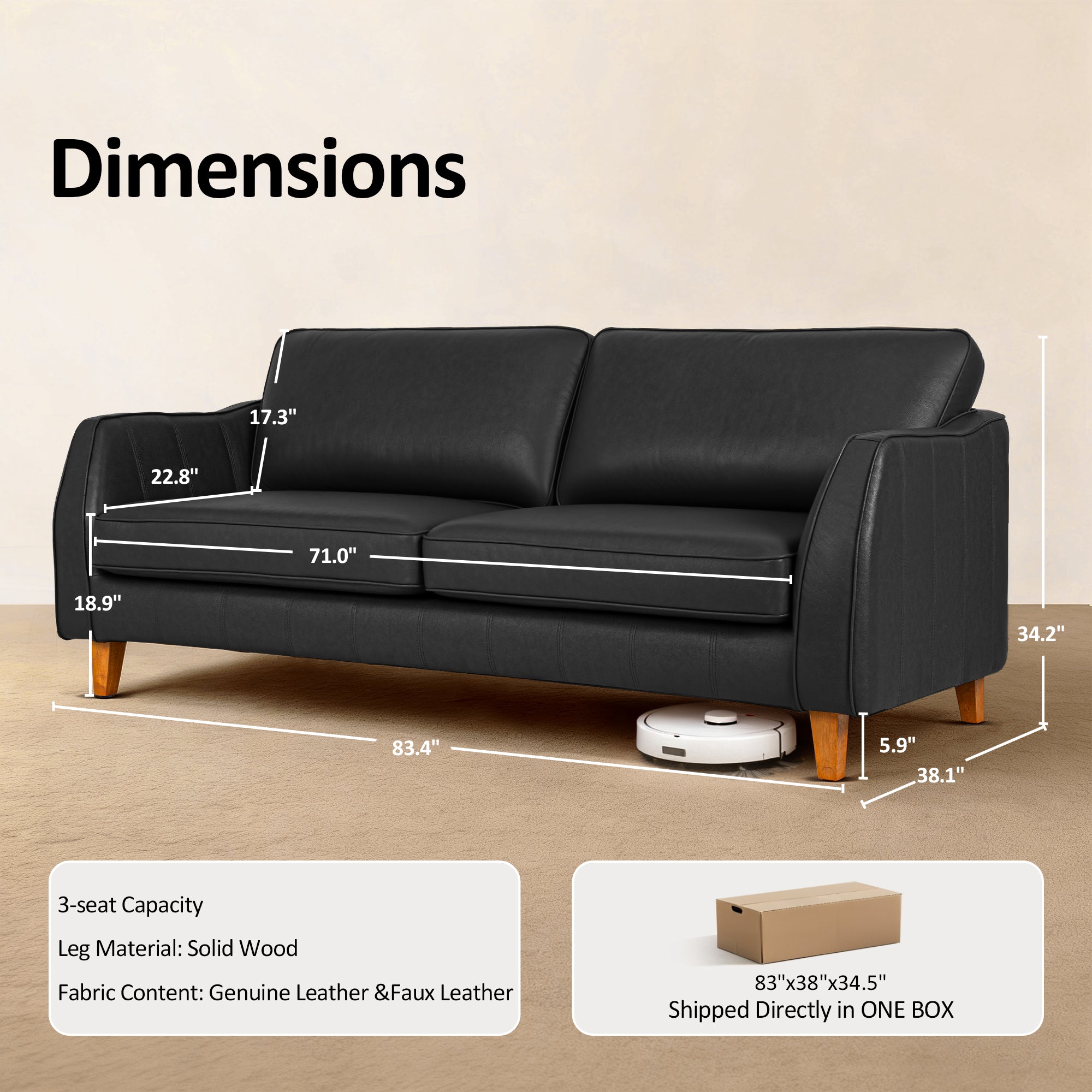 83.4 Inch Napa Leather Couch, Solid Wood Frame for Living Room, Office VE727