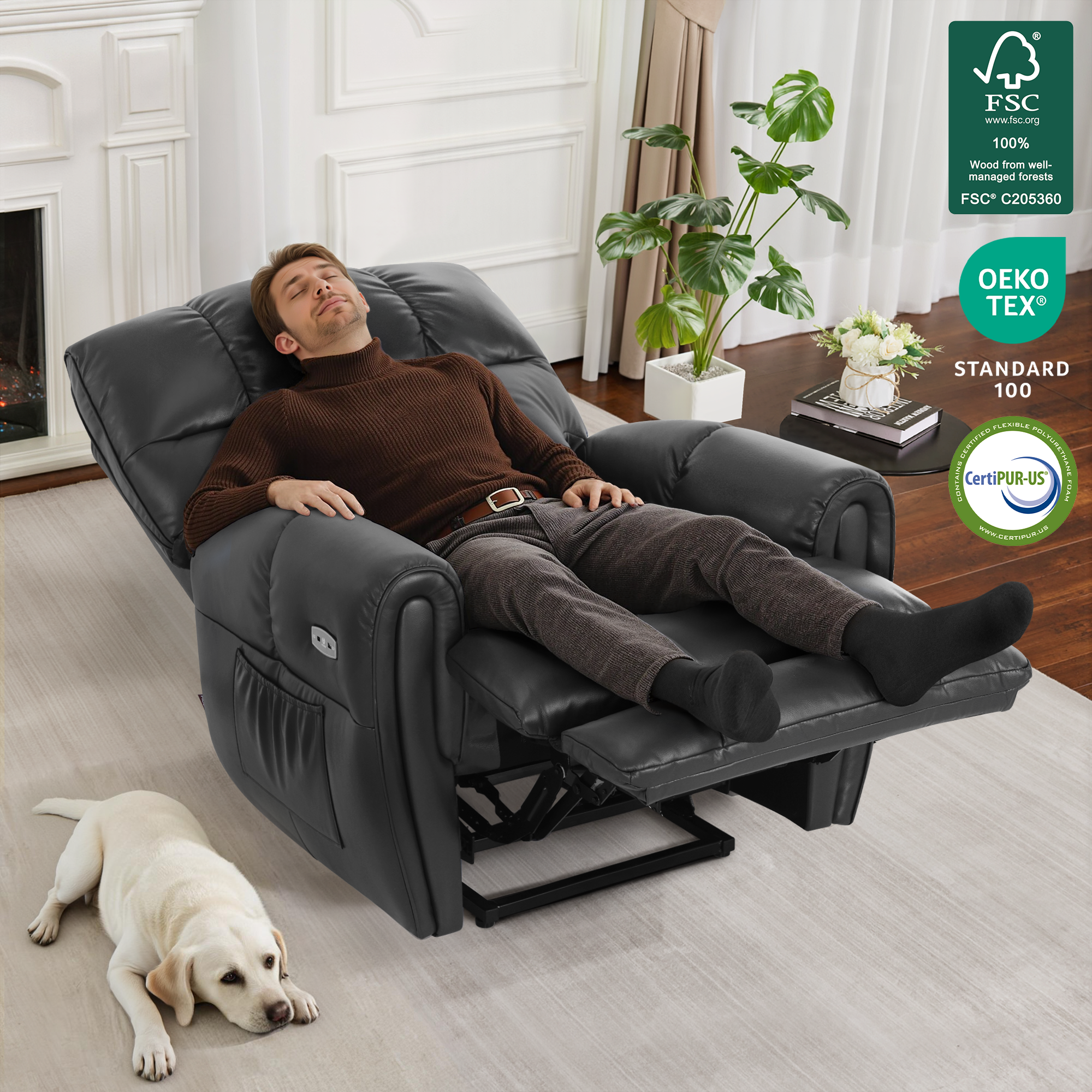 Large Dual Motor Power Recliner Chair with Heat and Vibration, 6199