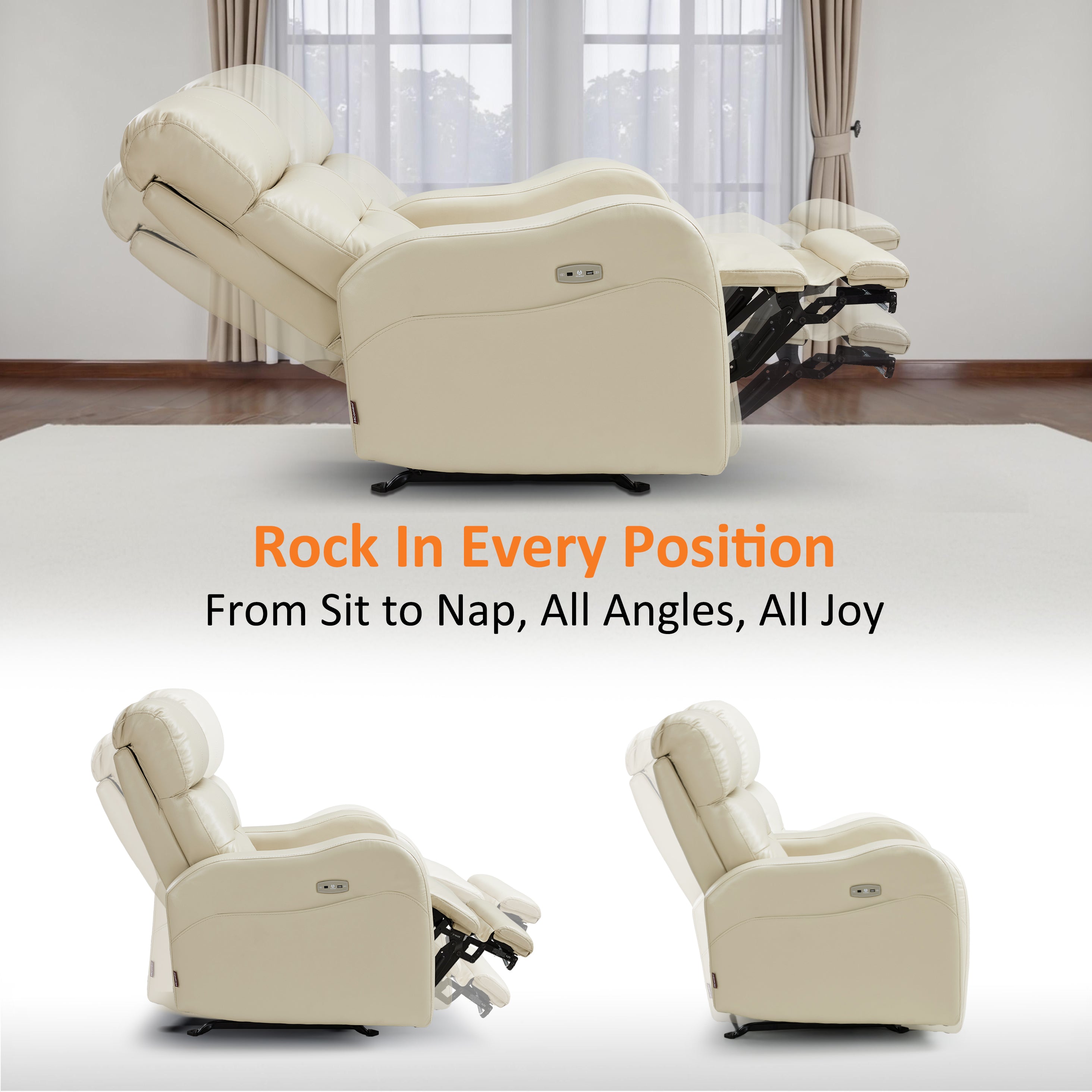 Oversized Triple Motor Power Rocker Recliner for Adults, USB & Type-C, Faux Leather 6277