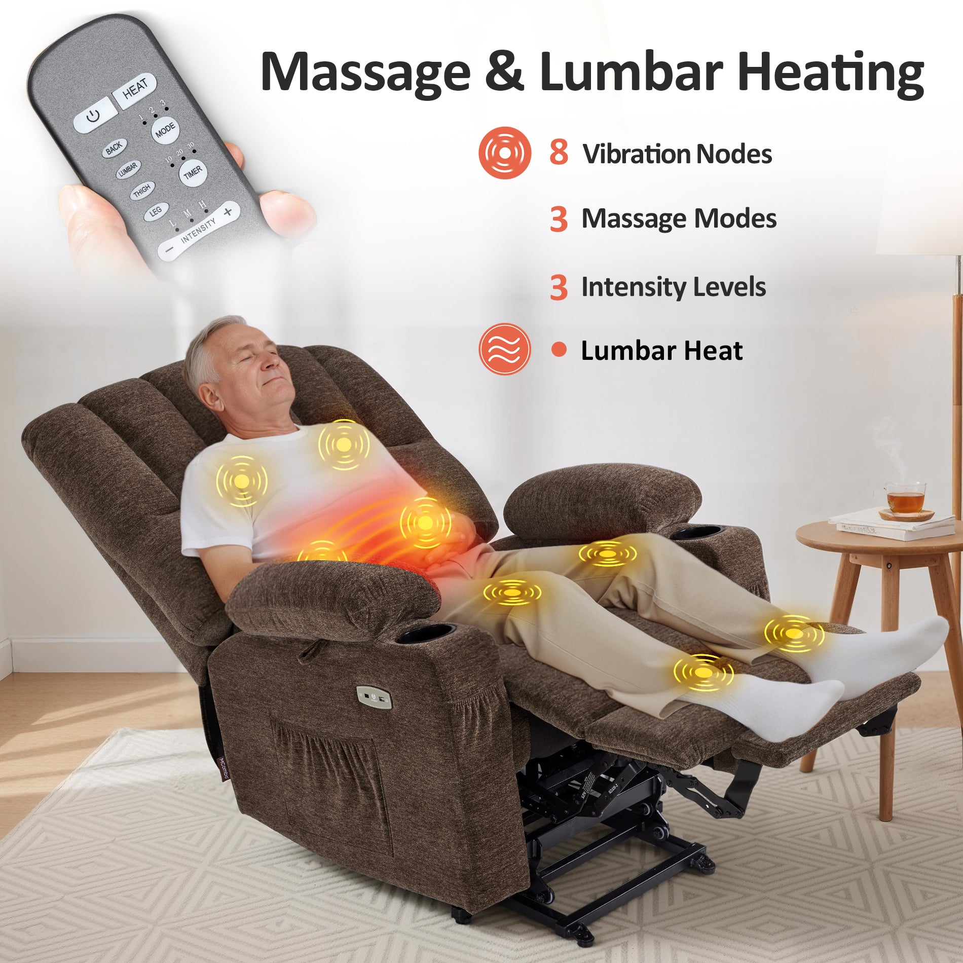 Power Lift Recliner Chair, Massage and Heat, Fabric 7095|7099|R7092|R7096