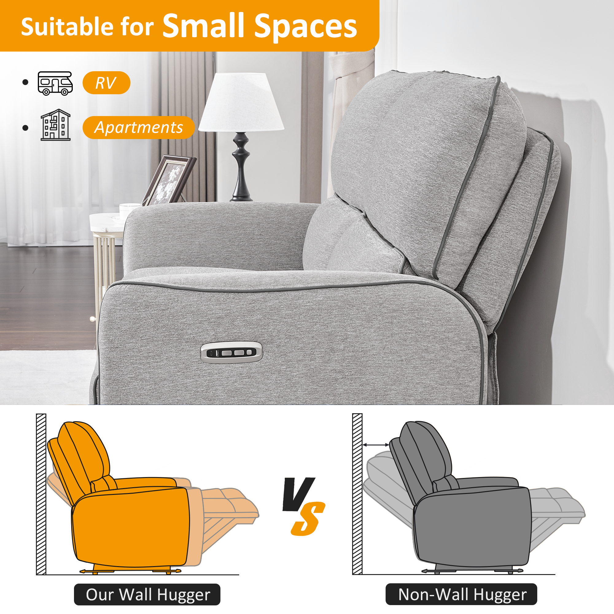 Power Reclining Loveseat with Adjustable Headrest, Wall Hugger, 6924