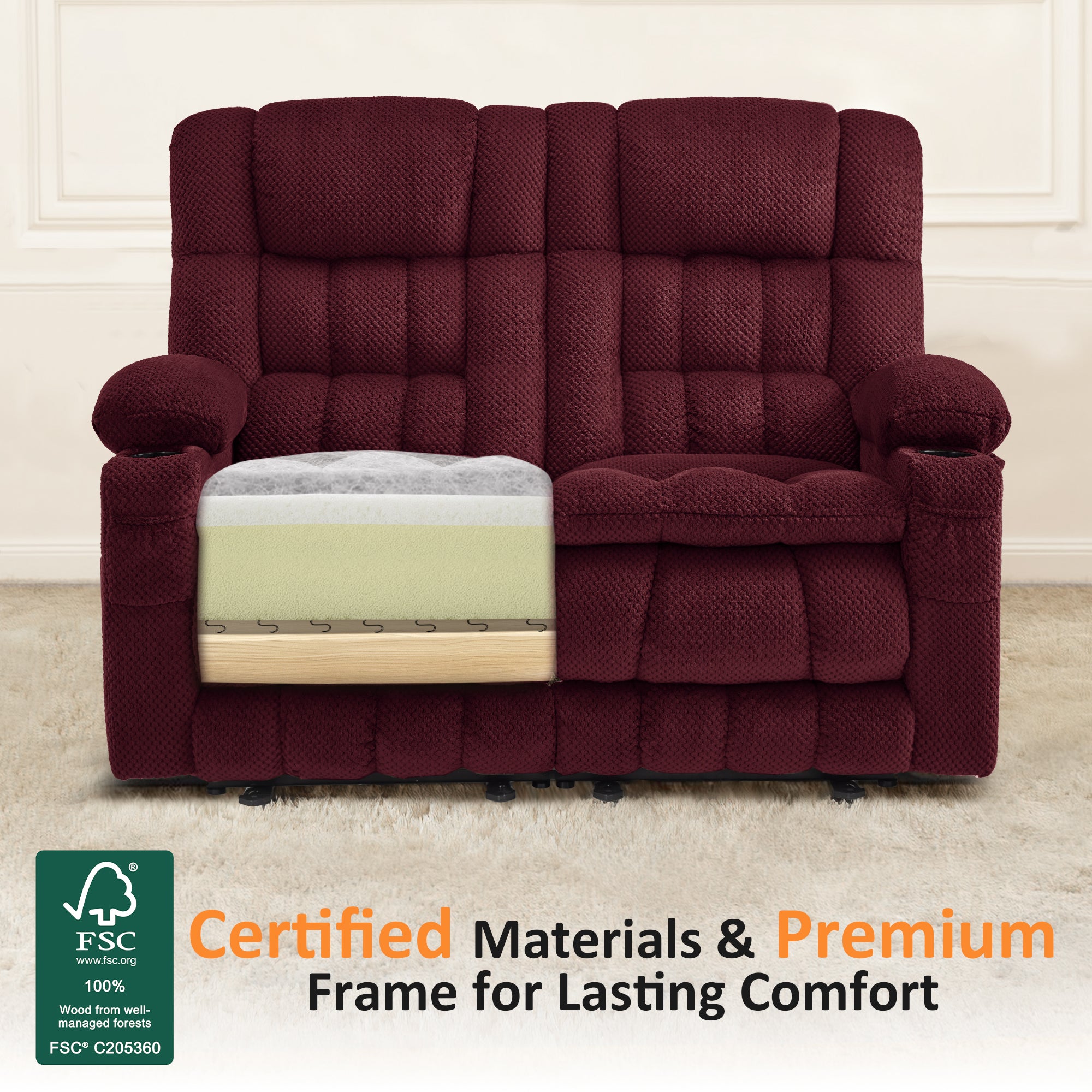 Power Reclining Loveseat with Heat and Massage, Fabric RS6314