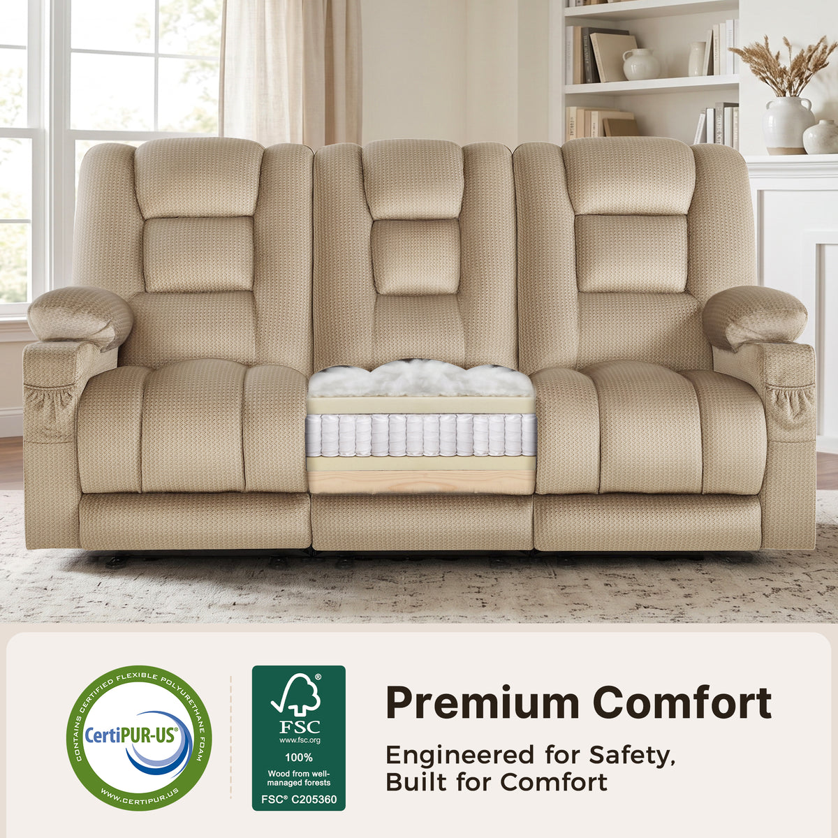 82 in 3 Seater Reclining Sofa with Heat and Massage PR648M3