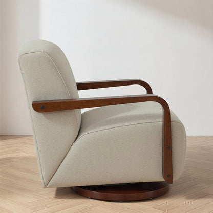 Swivel Glider Accent Chair, Wood Arm, Pet-Friendly Fabric, Classic Style for Living Room & Bedroom