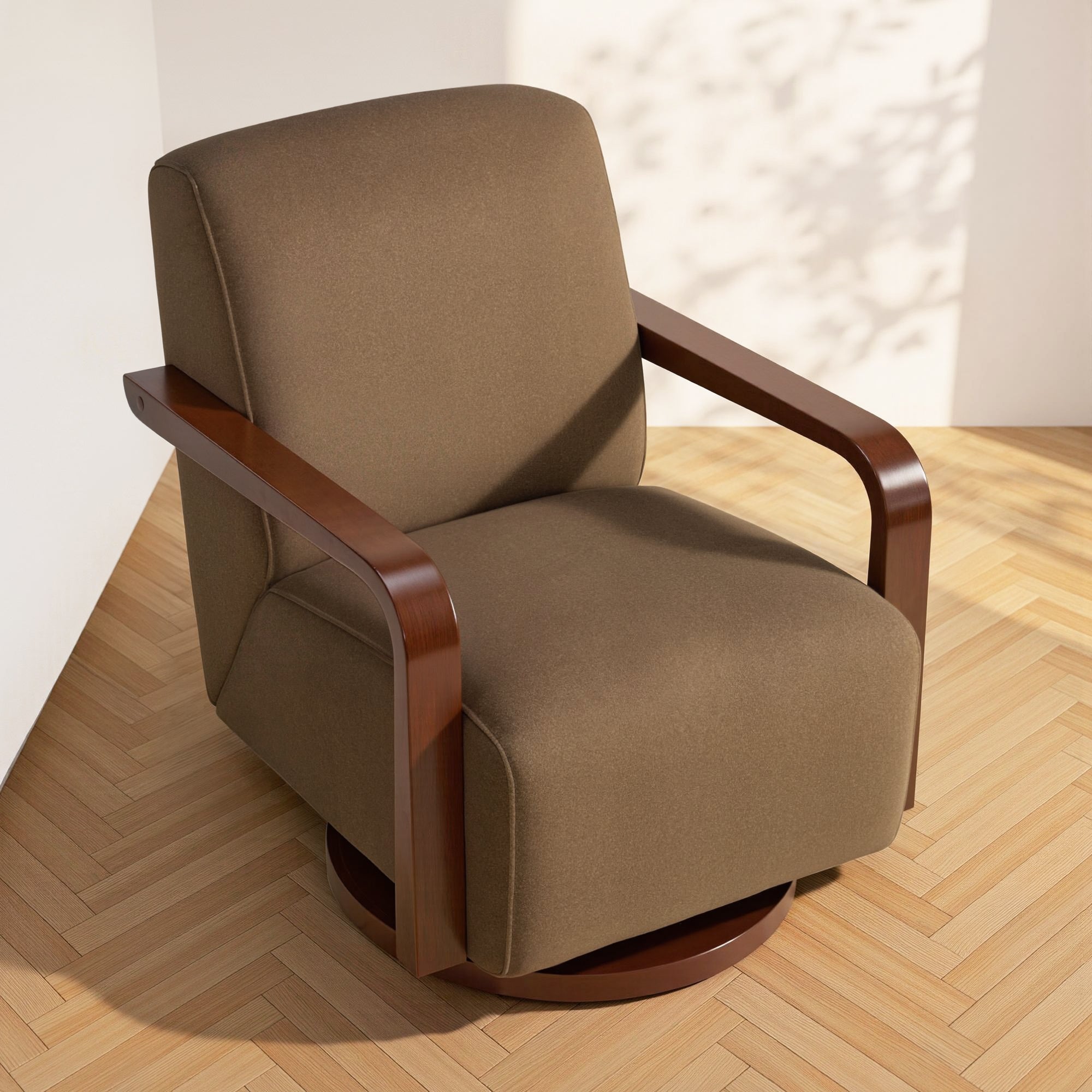 Swivel Glider Accent Chair, Wood Arm, Pet-Friendly Fabric, Classic Style for Living Room & Bedroom