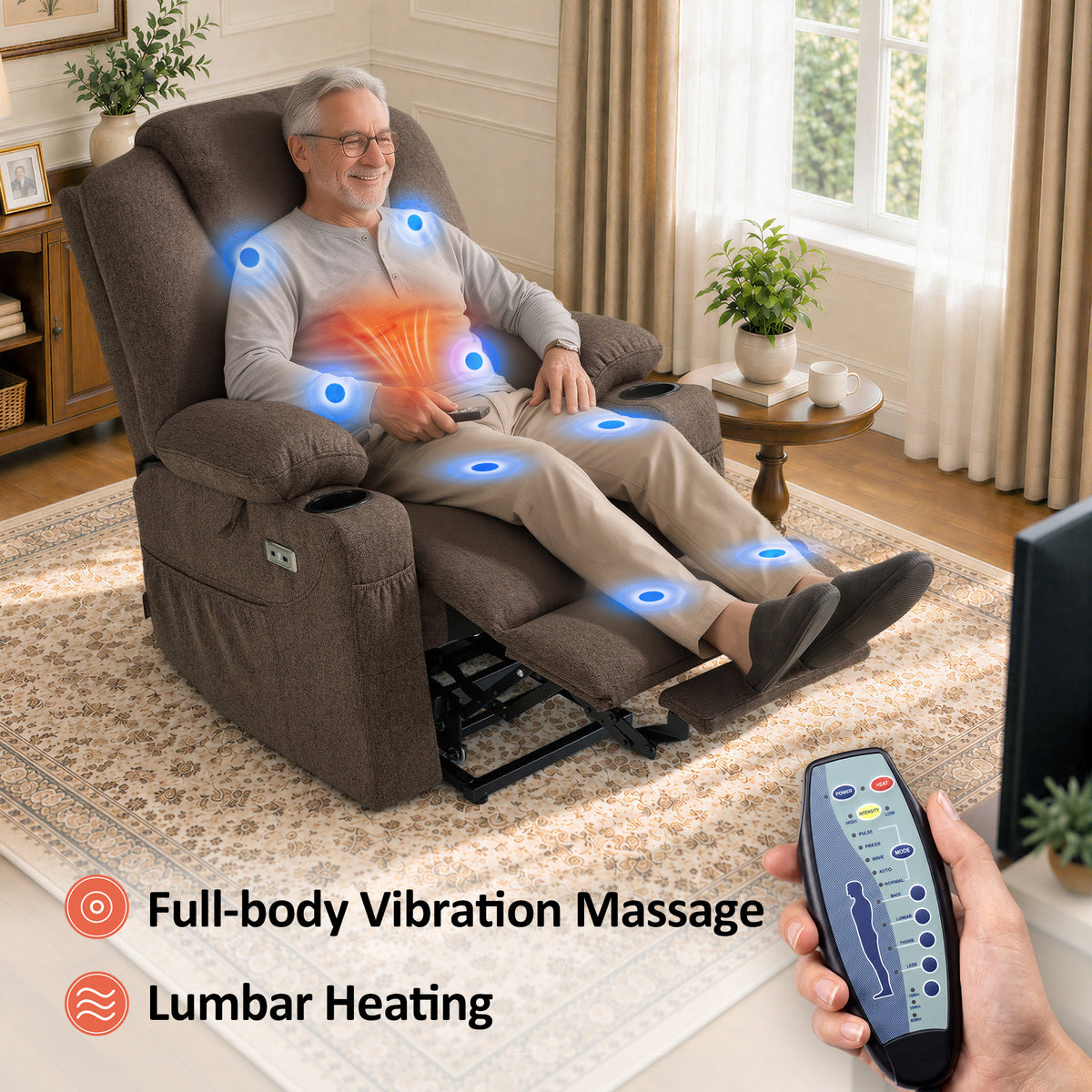 Power Lift Recliner Chair for Elderly, Massage and Heat, Fabric 7040|7516|7141|R7042|R7045|R7510