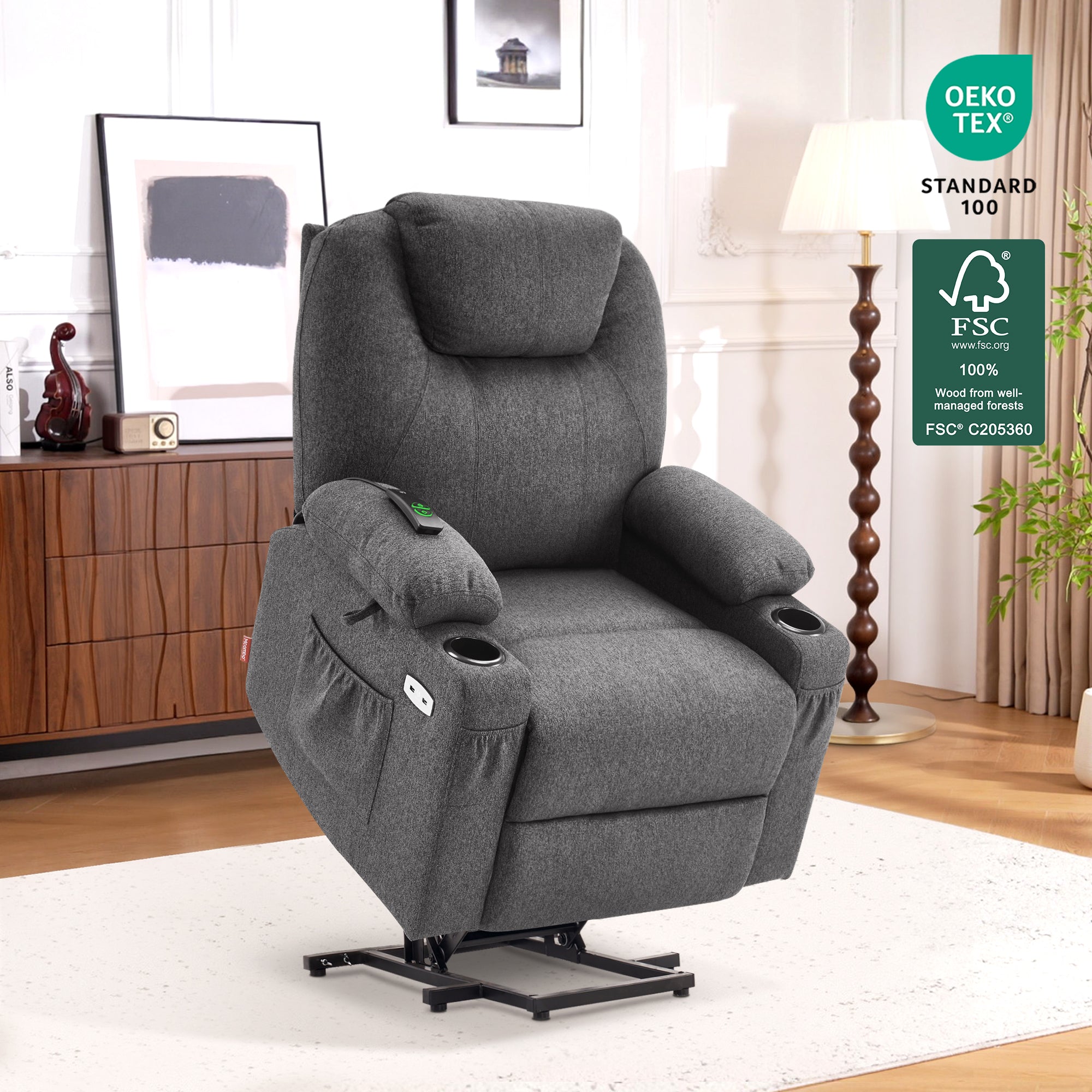 Power Lift Recliner Chair for Elderly, Massage and Heat, Fabric 7040|7516|7141