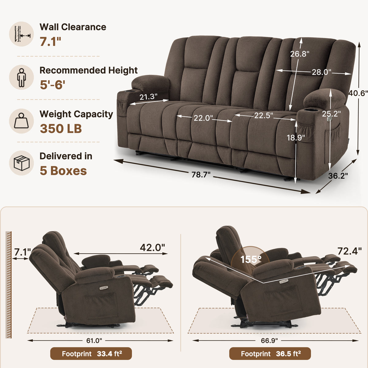 81 in 3 Seater Reclining Sofa with Heat and  Massage 6034M3