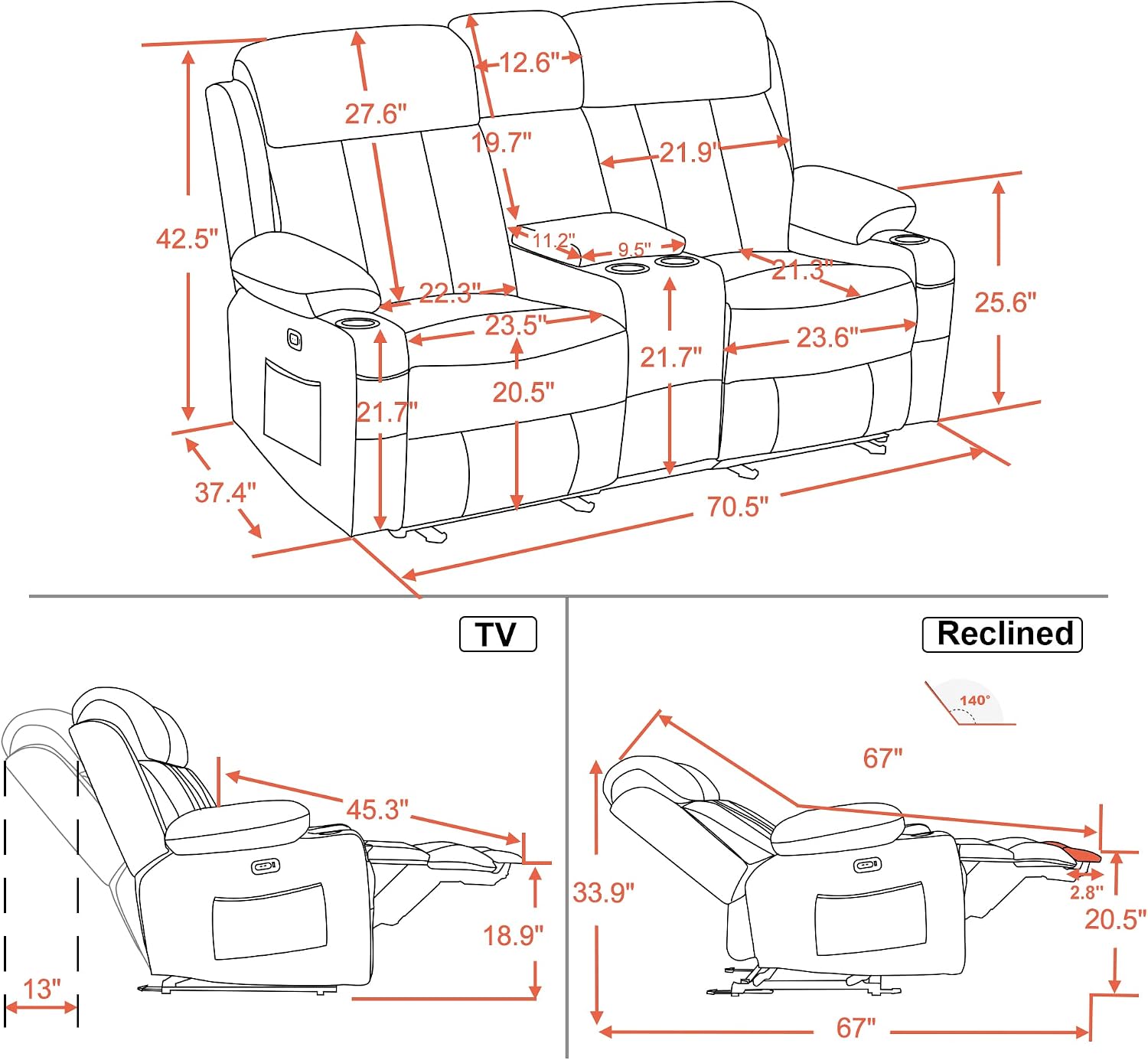 71 in Reclining Loveseat with Console, Heat & Massage 6095