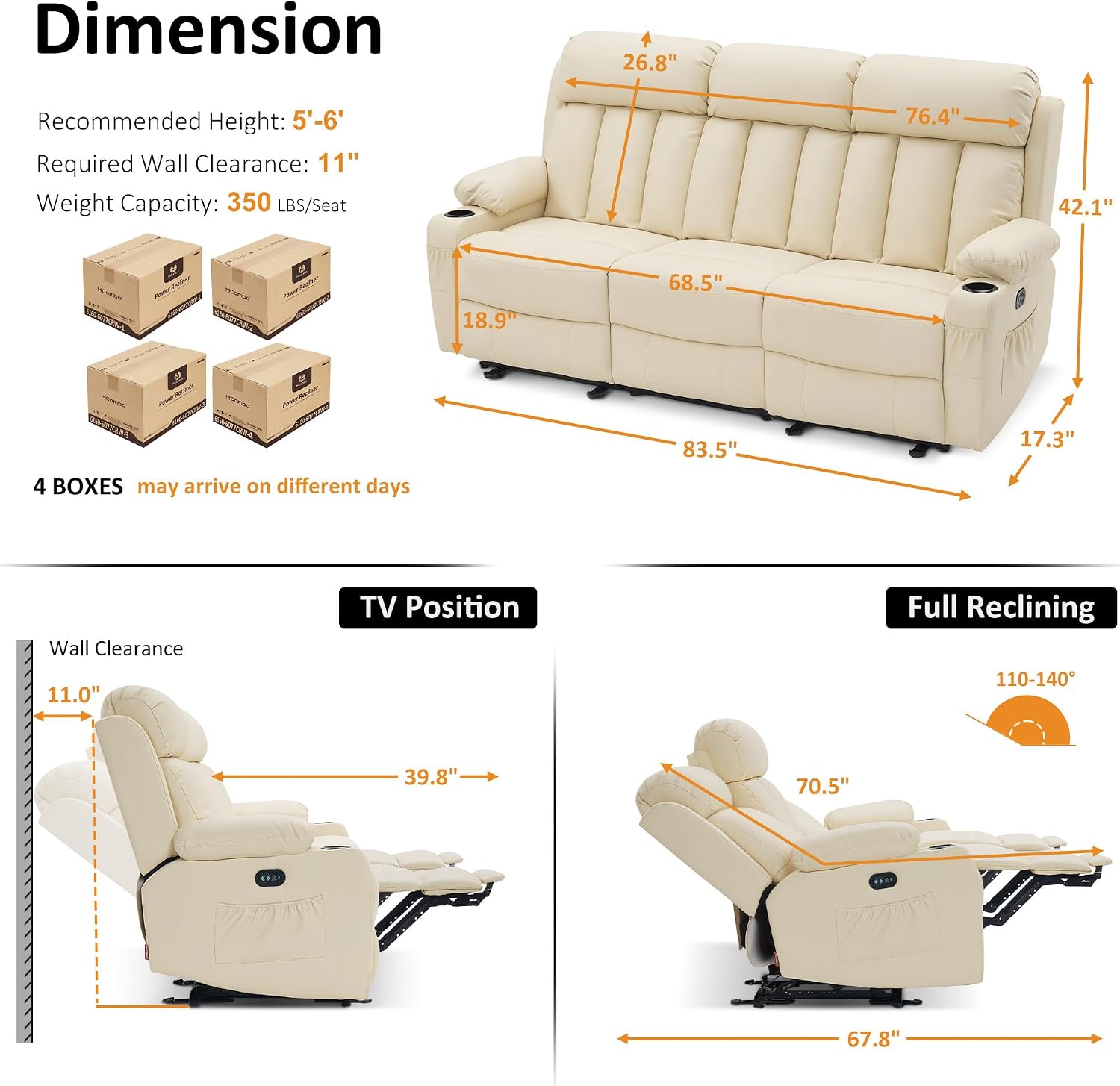 84 in 3 Seater Reclining Sofa with Heat and Massage 6077