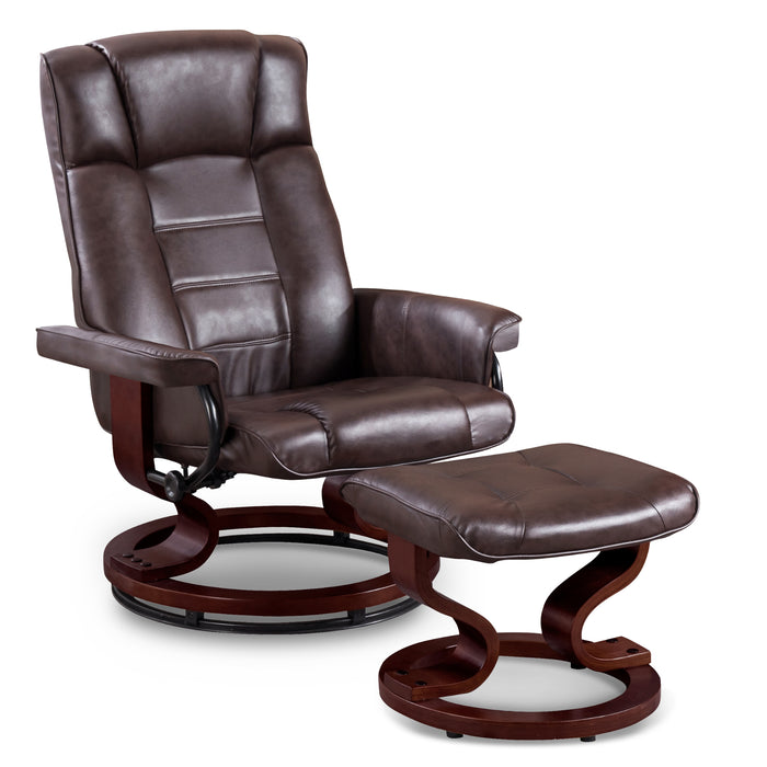 Mcombo Swiveling Recliner Chair with Wrapped Wood Base and Matching Ottoman Footrest, Furniture Casual Chair, Faux Leather 9019