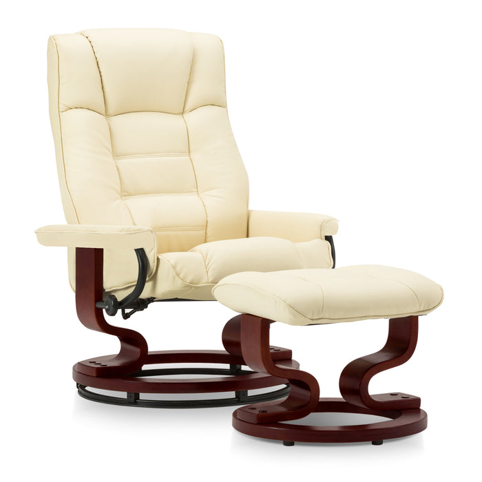 Mcombo Swiveling Recliner Chair with Wrapped Wood Base and Matching Ottoman Footrest, Furniture Casual Chair, Faux Leather 9019