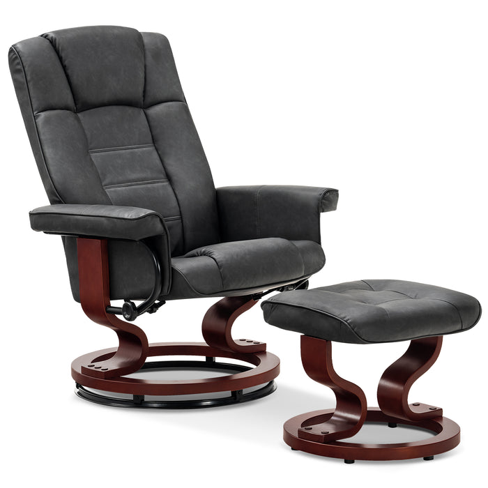 Mcombo Swiveling Recliner Chair with Wrapped Wood Base and Matching Ottoman Footrest, Furniture Casual Chair, Faux Leather 9019