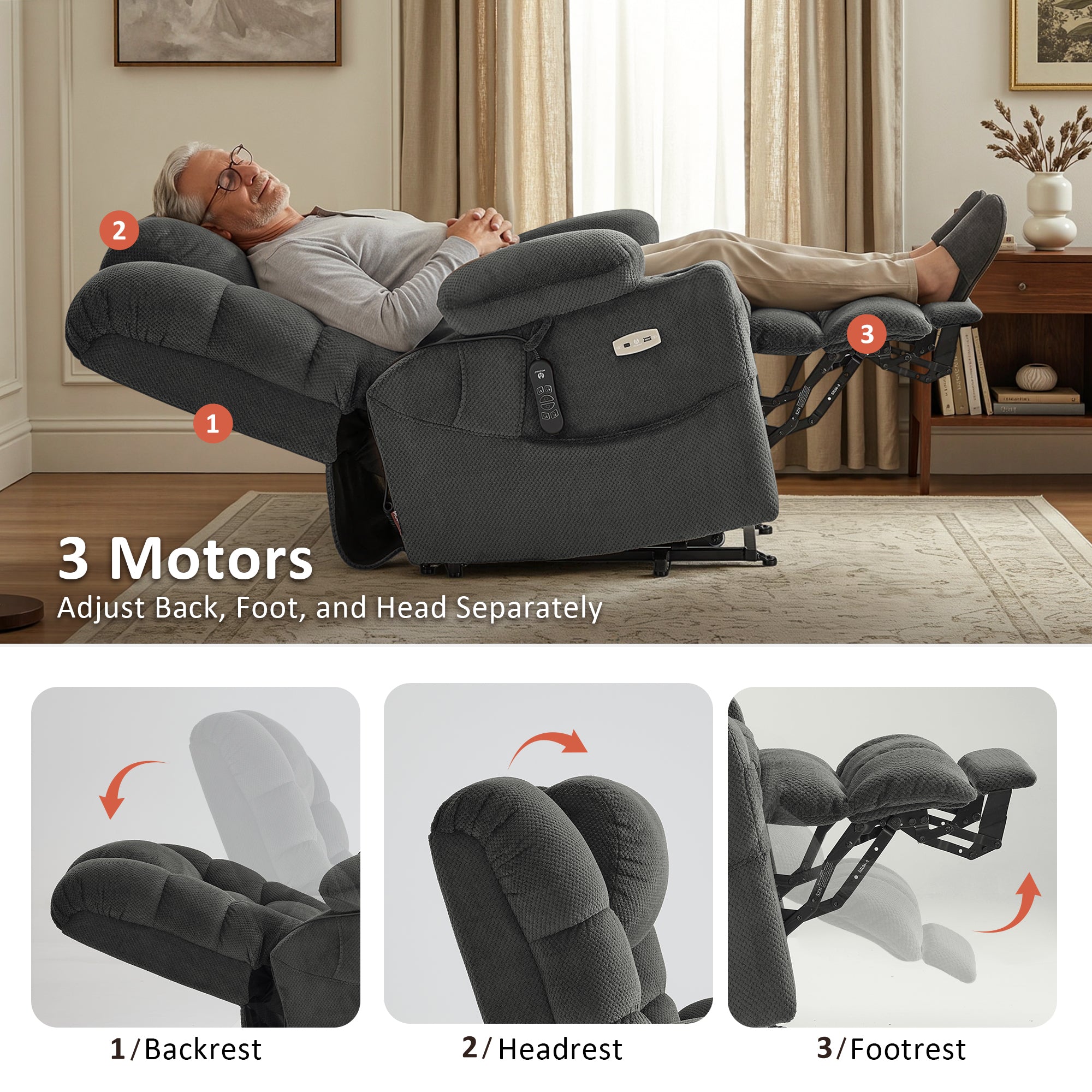 Power Lift Recliner Chair, Triple Motor, Massage and Heat, Fabric 7634|7631|7632|R7635