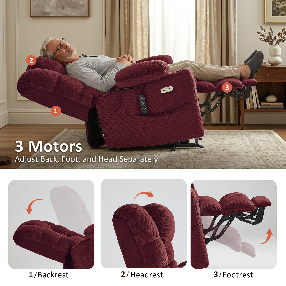 Power Lift Recliner Chair, Triple Motor, Massage and Heat, Fabric 7634|7631|7632|R7635