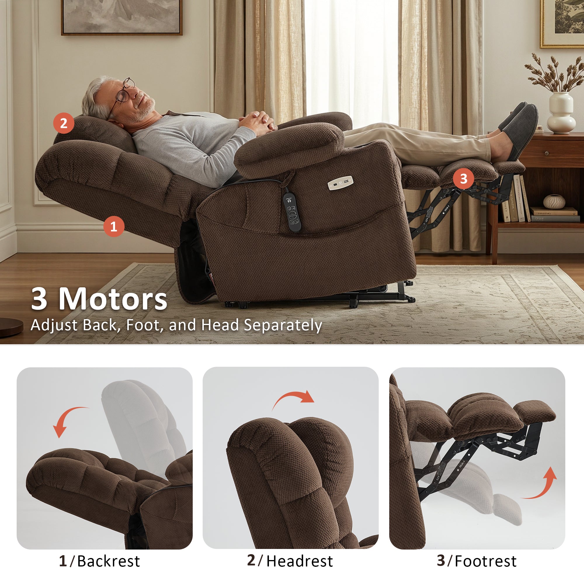 Power Lift Recliner Chair, Triple Motor, Massage and Heat, Fabric 7634|7631|7632|R7635