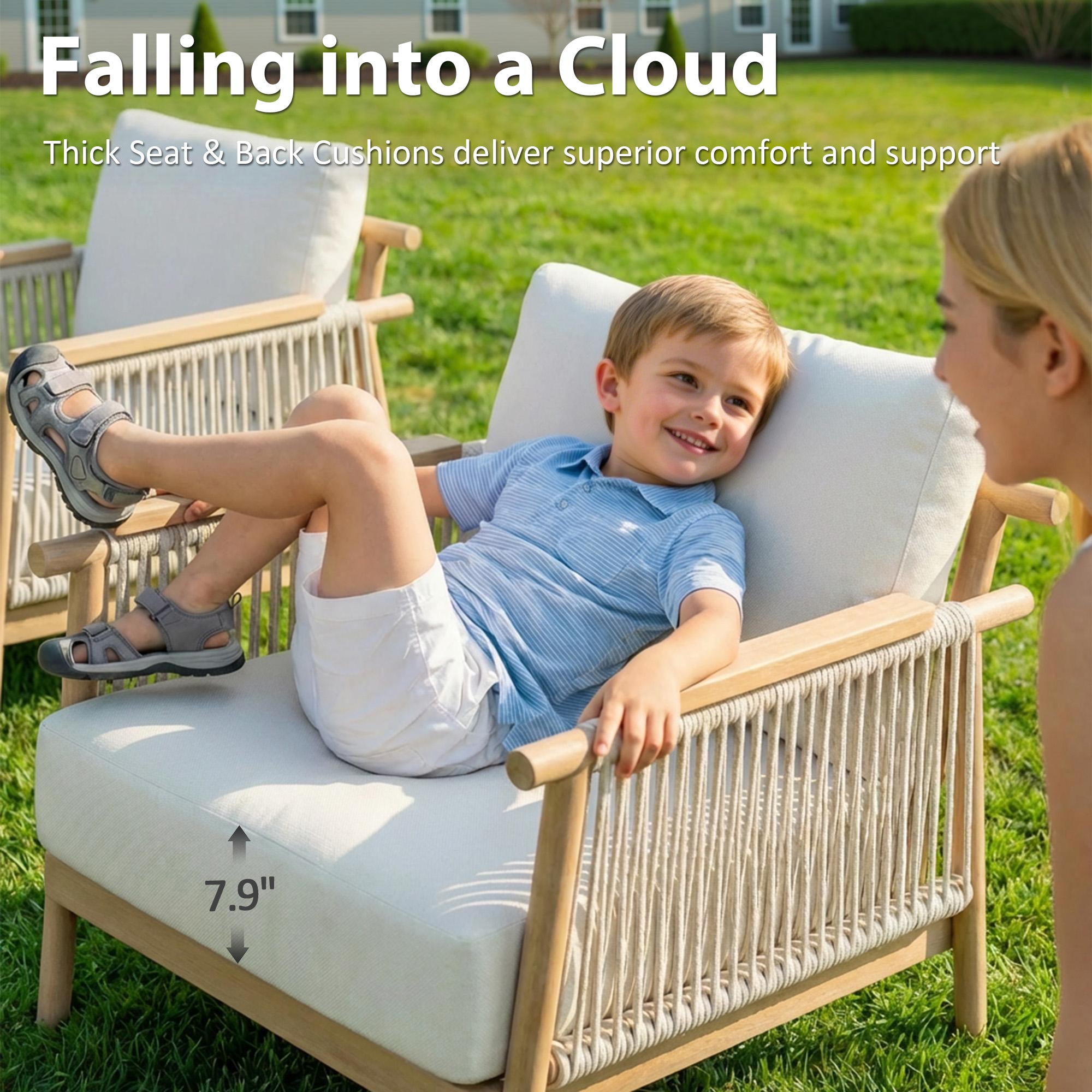 Patio Rattan Chair, Outdoor Wicker Furniture with 7.9″ Thickened Cushions and Acacia Wood Frame for Backyard, Deck, Indoor OF105