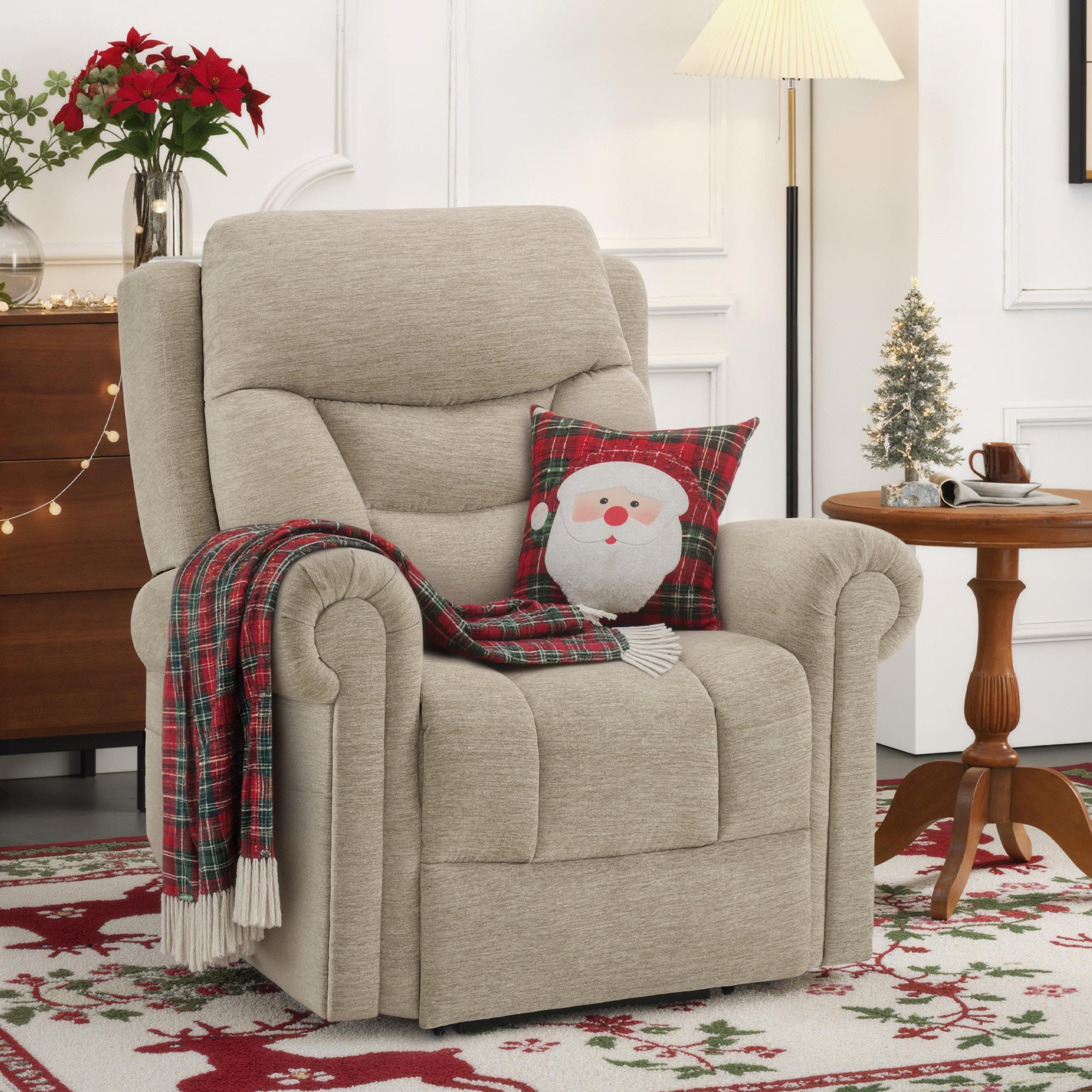 MCombo Triple Motor Power Lift Recliner Chair with Massage and Lumbar&seat Heating, Rolled Arms, Adjustable Headrest for Elderly People, Fabric 7888