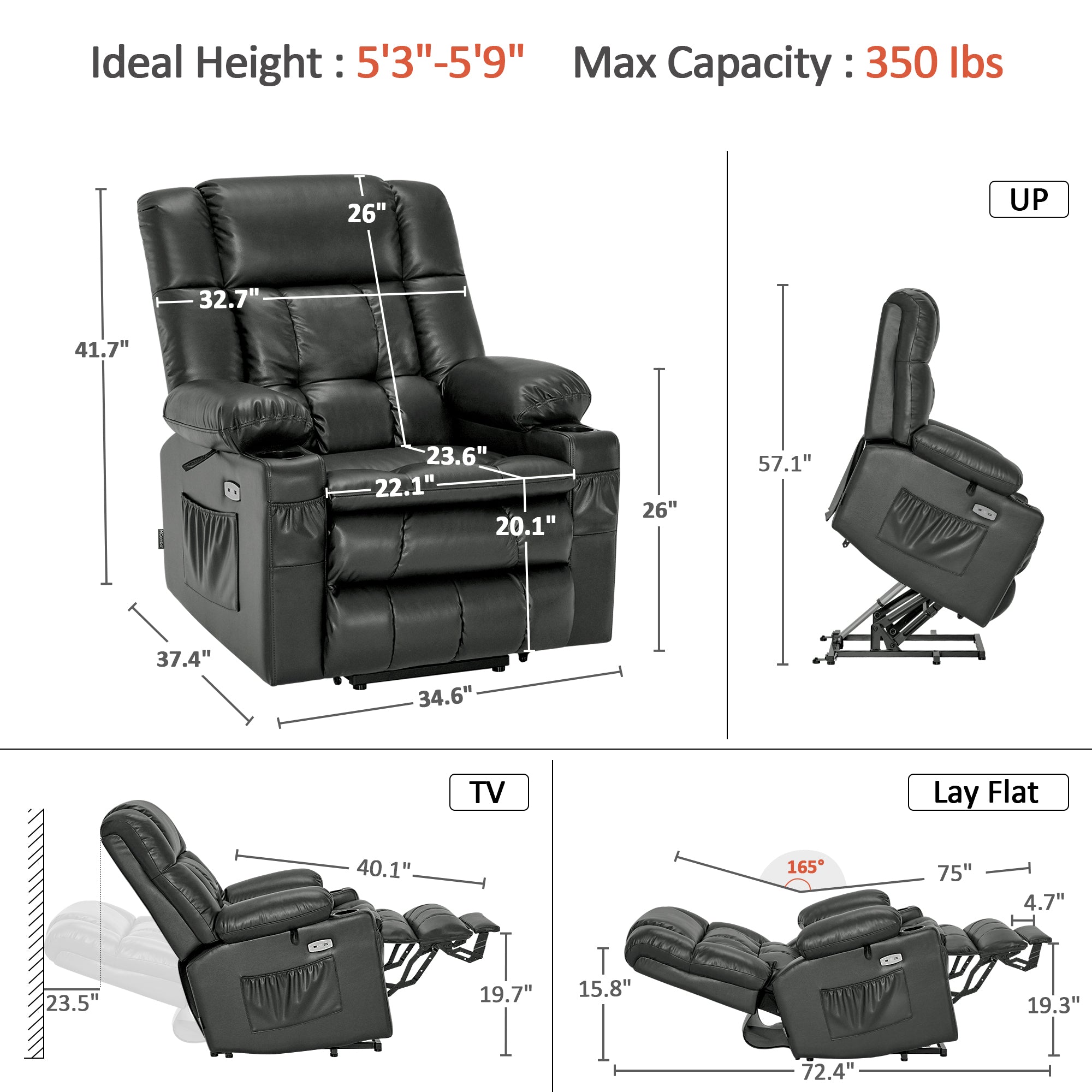 Dual Motor Power Lift Recliner Chair, Massage and Heat, Lay Flat for Sleeping, Faux Leather 7890|7893|7896|R7891|R7897|R7894