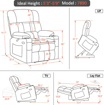 Dual Motor Power Lift Recliner Chair, Massage and Heat, Lay Flat for Sleeping, Faux Leather 7890|7893|7896|R7891|R7897|R7894