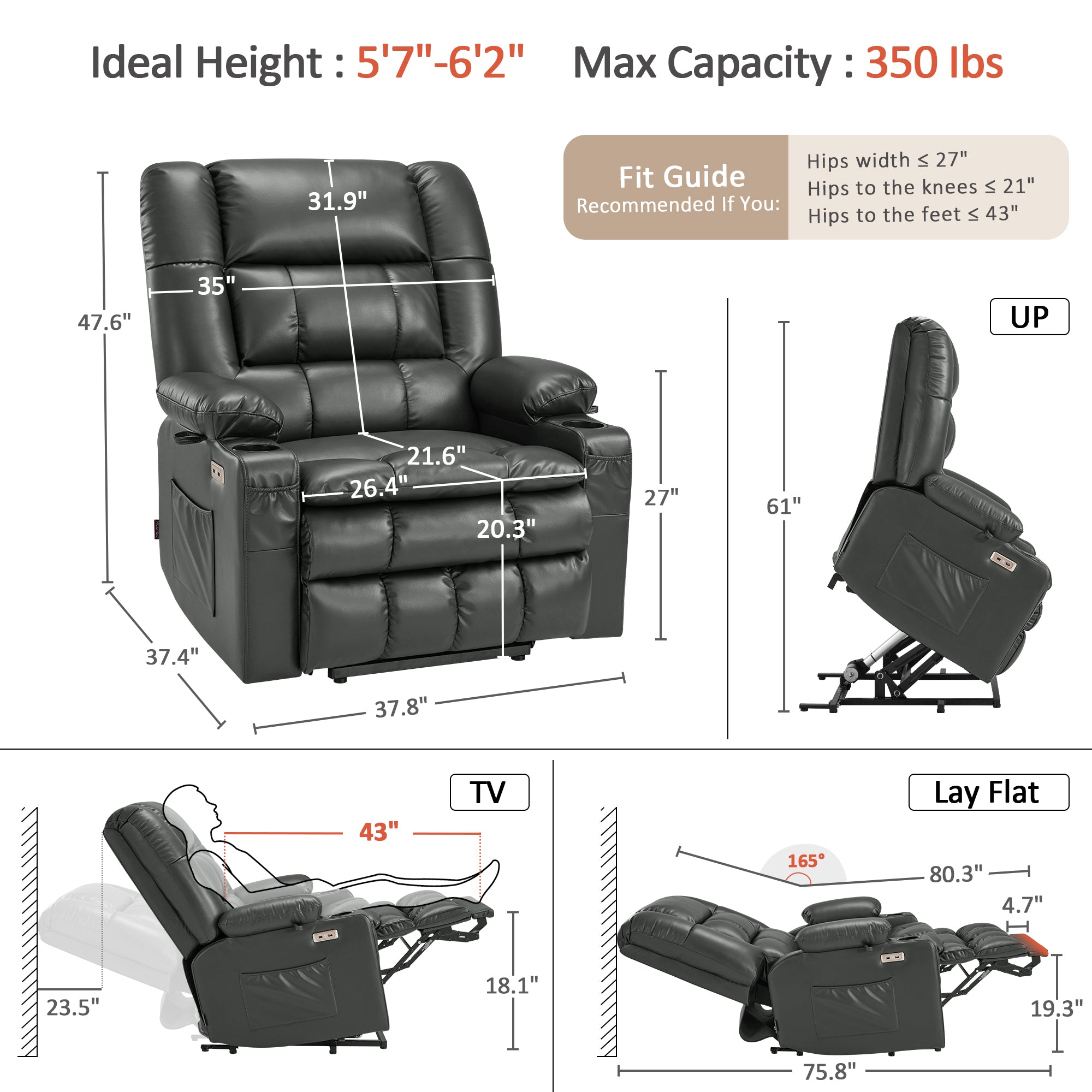 Dual Motor Power Lift Recliner Chair, Massage and Heat, Lay Flat for Sleeping, Faux Leather 7890|7893|7896|R7891|R7897|R7894