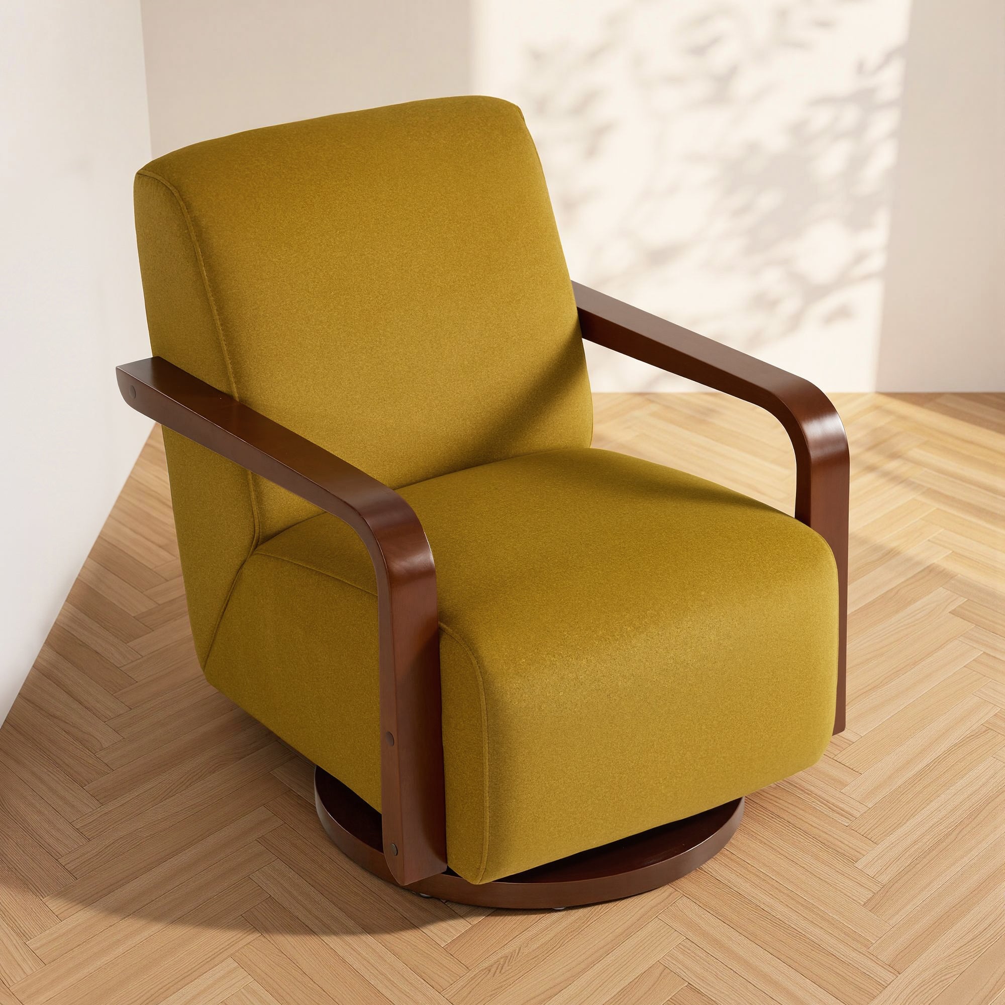 Swivel Glider Accent Chair, Wood Arm, Pet-Friendly Fabric, Classic Style for Living Room & Bedroom