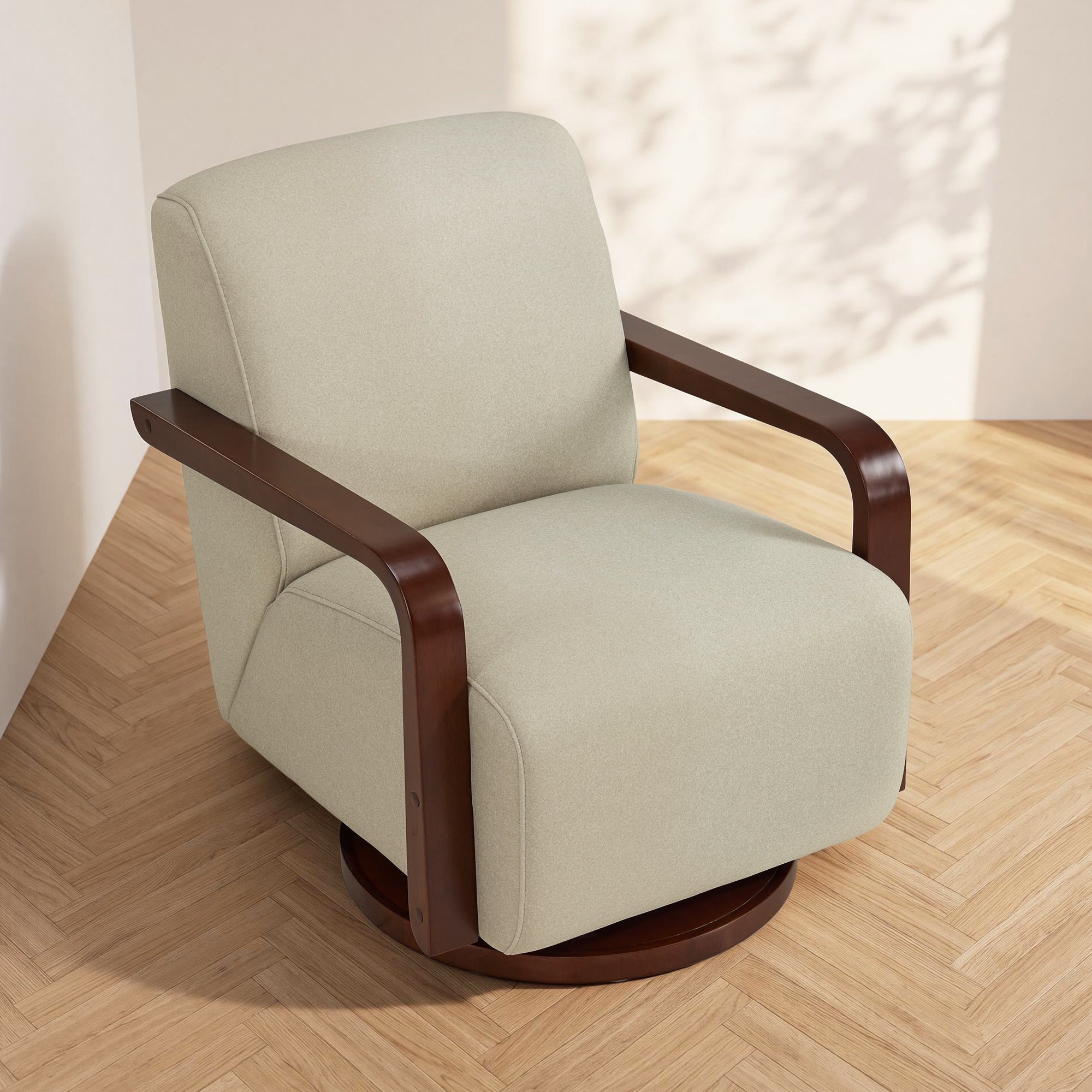 Swivel Glider Accent Chair, Wood Arm, Pet-Friendly Fabric, Classic Style for Living Room & Bedroom