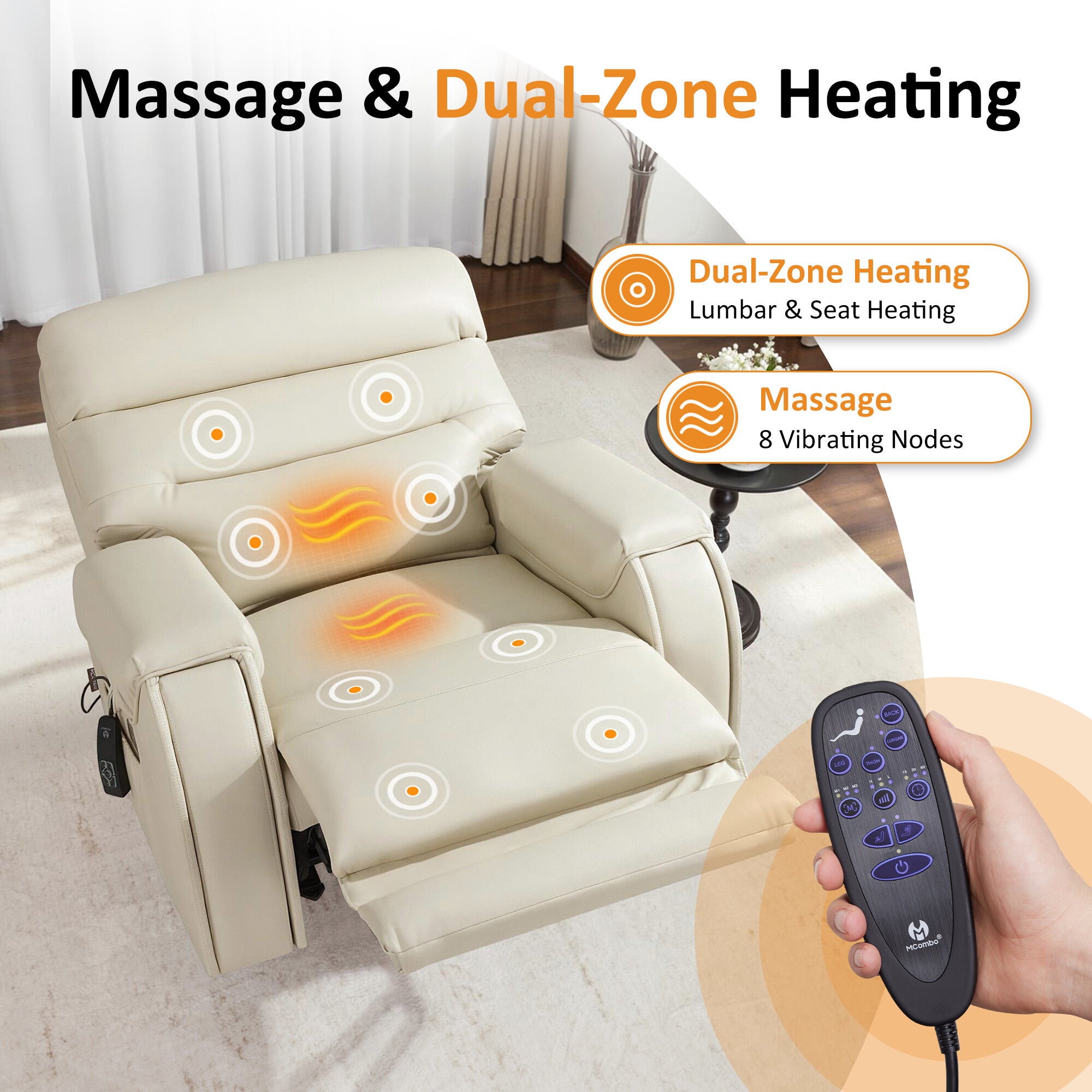 Oversized Power Recliner Chair with Adjustable Headrest, Zero Gravity Recliner with Heat & Vibration Massage, USB & Type C Ports, Cup Holders 6186