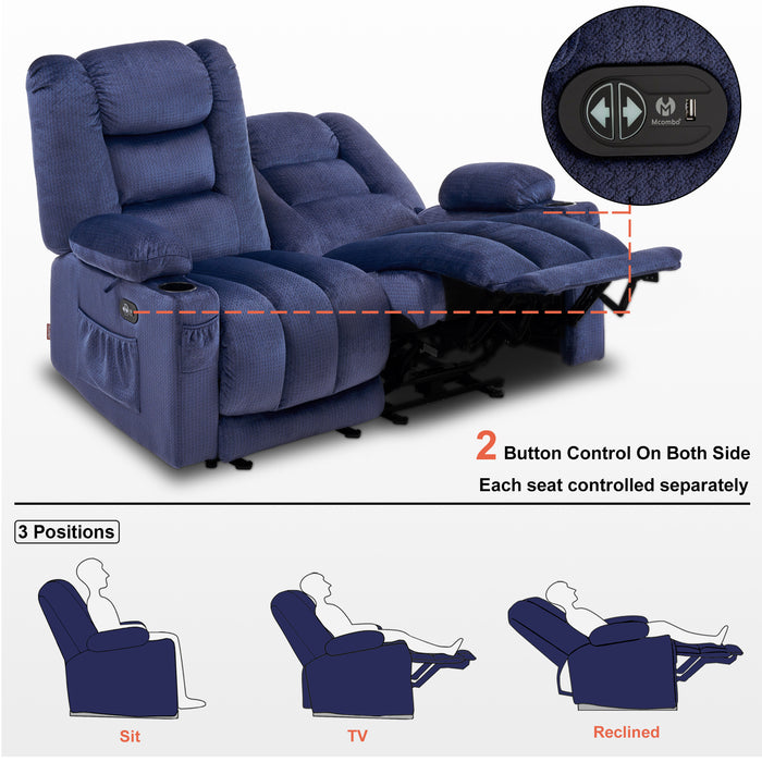 MCombo Electric Reclining Loveseat Sofa with Heat and Massage, Fabric Power Loveseat Recliner, USB Charge Port, Cup Holders for Living Room 648