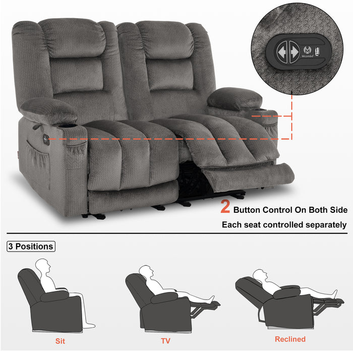 MCombo Electric Reclining Loveseat Sofa with Heat and Massage, Fabric Power Loveseat Recliner, USB Charge Port, Cup Holders for Living Room 648