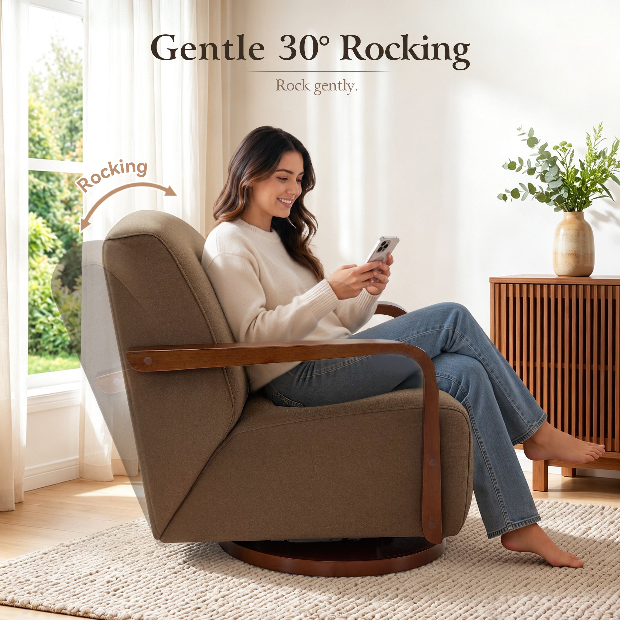 Swivel Glider Accent Chair, Wood Arm, Pet-Friendly Fabric, Classic Style for Living Room & Bedroom
