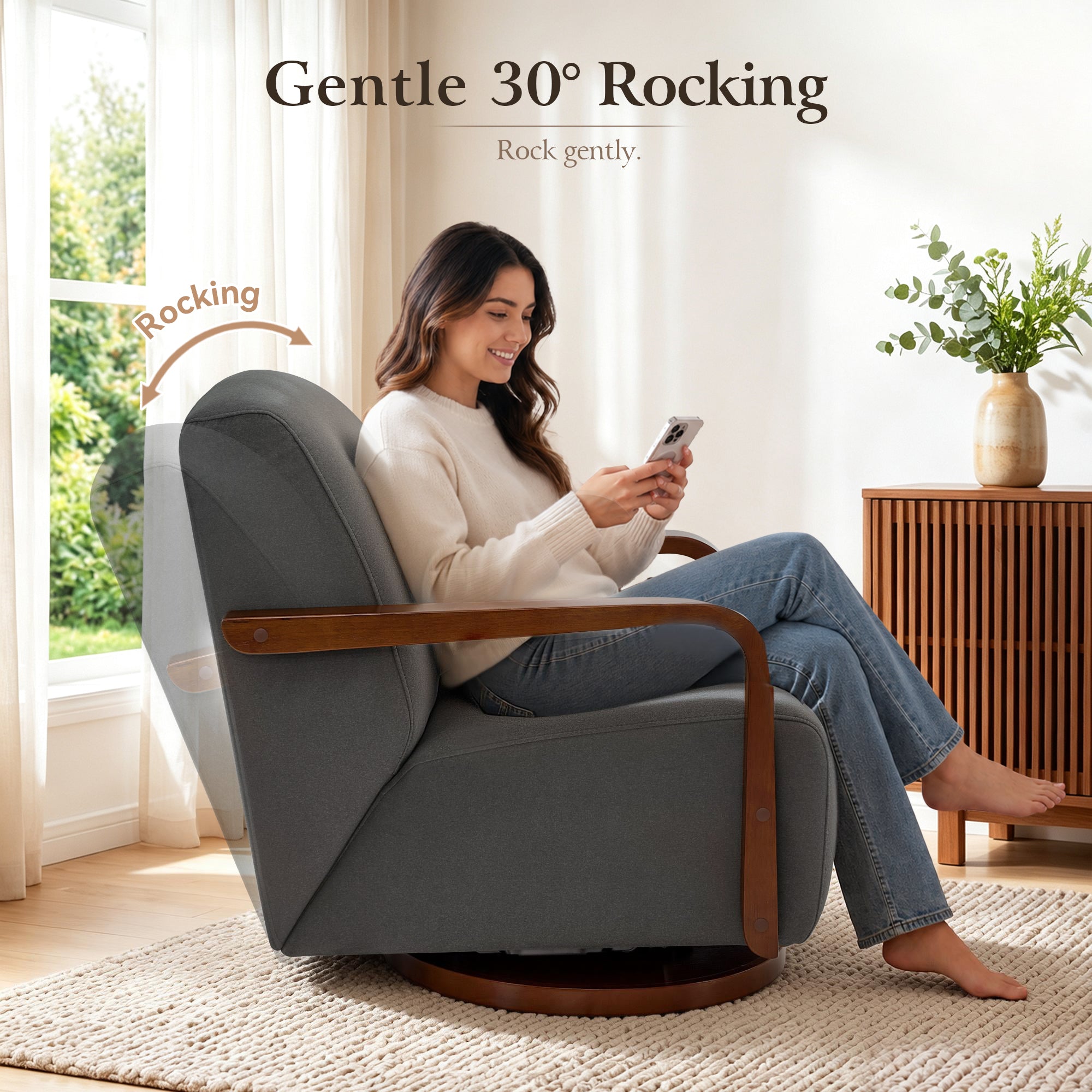 Swivel Glider Accent Chair, Wood Arm, Pet-Friendly Fabric, Classic Style for Living Room & Bedroom