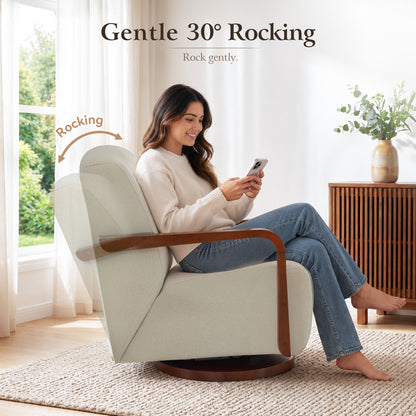Swivel Glider Accent Chair, Wood Arm, Pet-Friendly Fabric, Classic Style for Living Room & Bedroom