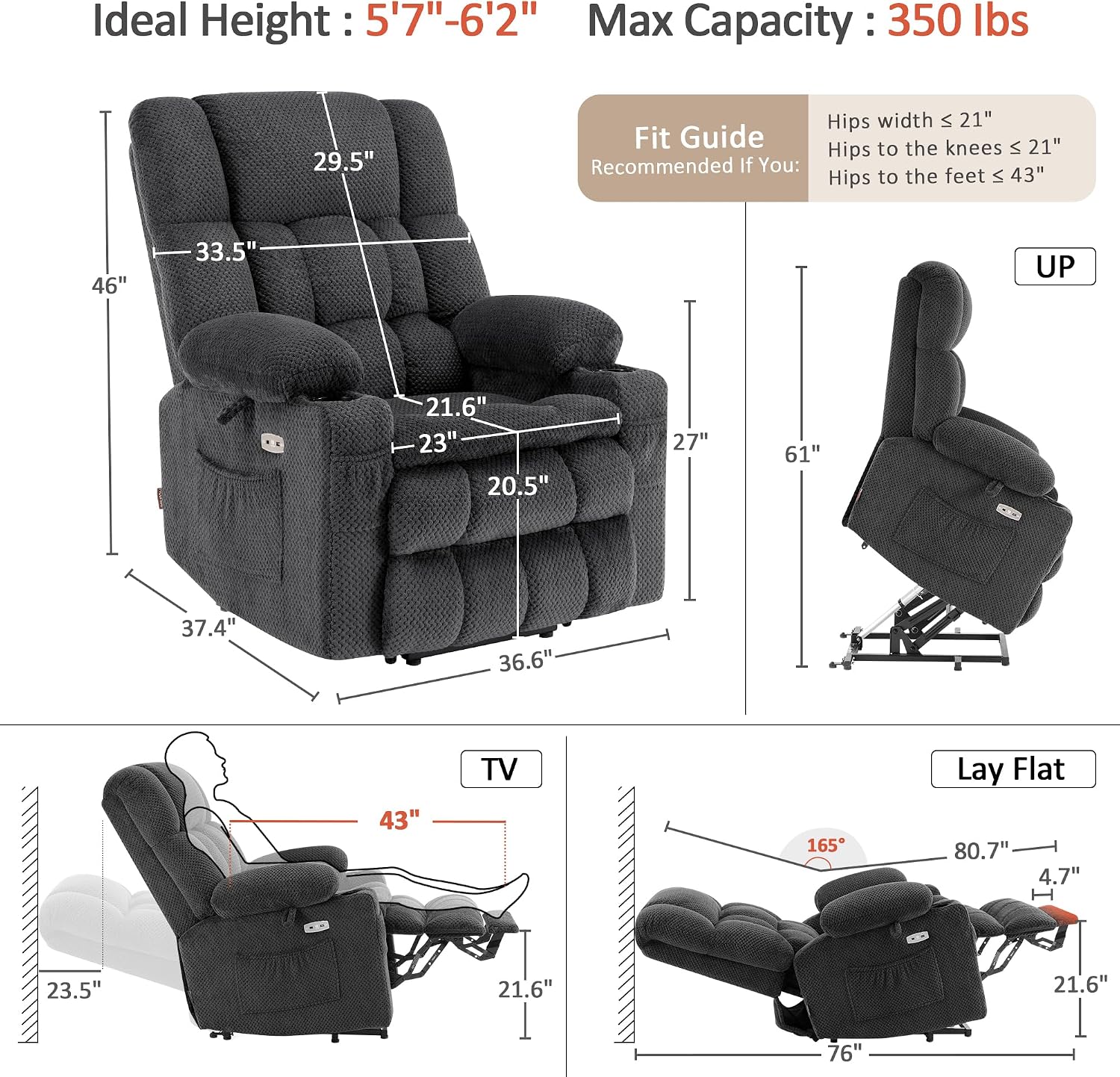 Dual Motor Power Lift Recliner Chair for Elderly, Massage and Heat, Lay Flat for Sleeping, Fabric 7890|7893|7896|R7897|R7891|R7894