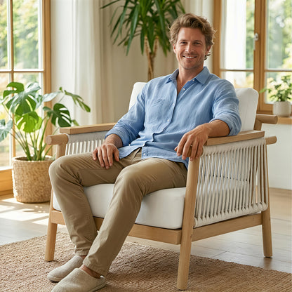 Patio Rattan Chair, Outdoor Wicker Furniture with 7.9″ Thickened Cushions and Acacia Wood Frame for Backyard, Deck, Indoor OF105