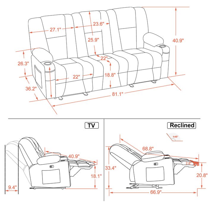 Mcombo Fabric Power Loveseat Recliner, Electric Reclining Sofa with Heat and Massage, Cup Holders, USB Charge Port for Living Room 6015/6035/6025/6045