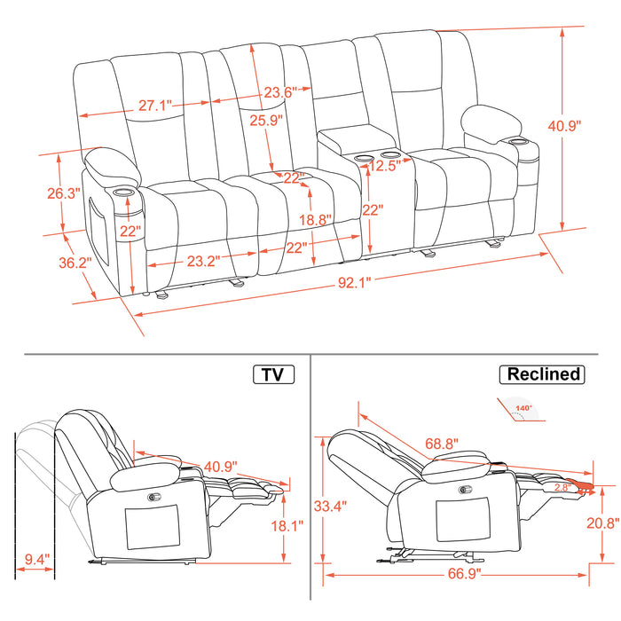 Mcombo Fabric Power Loveseat Recliner, Electric Reclining Sofa with Heat and Massage, Cup Holders, USB Charge Port for Living Room 6015/6035/6025/6045