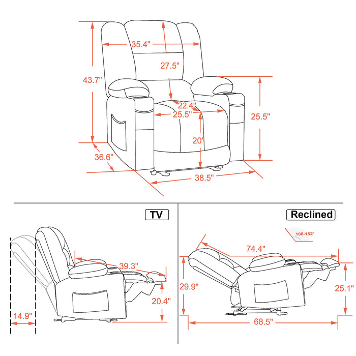 Mcombo Electric Power Recliner Chair with Heat and Massage, USB Ports, Cup Holders, Reclining chair for Living Room 6079