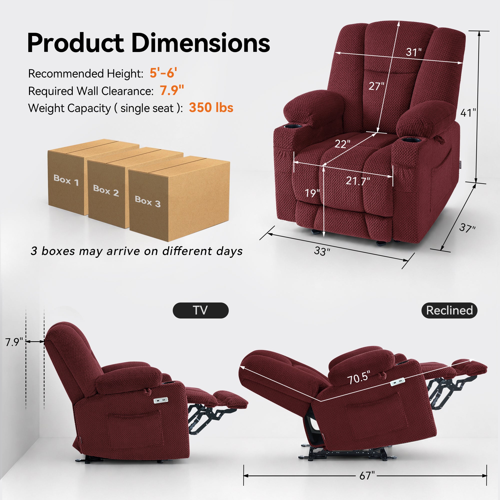 Power Recliner Chair with Massage and Heat, Fabric 8015|8017