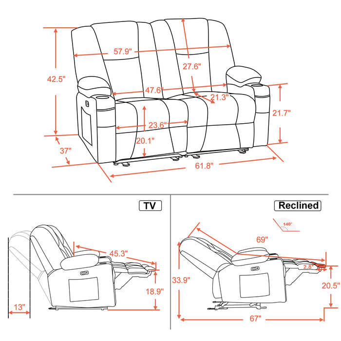 Mcombo Fabric Power Loveseat Recliner, Electric Reclining Sofa with Heat and Massage, Cup Holders, USB Charge Port for Living Room 6015/6035/6025/6045