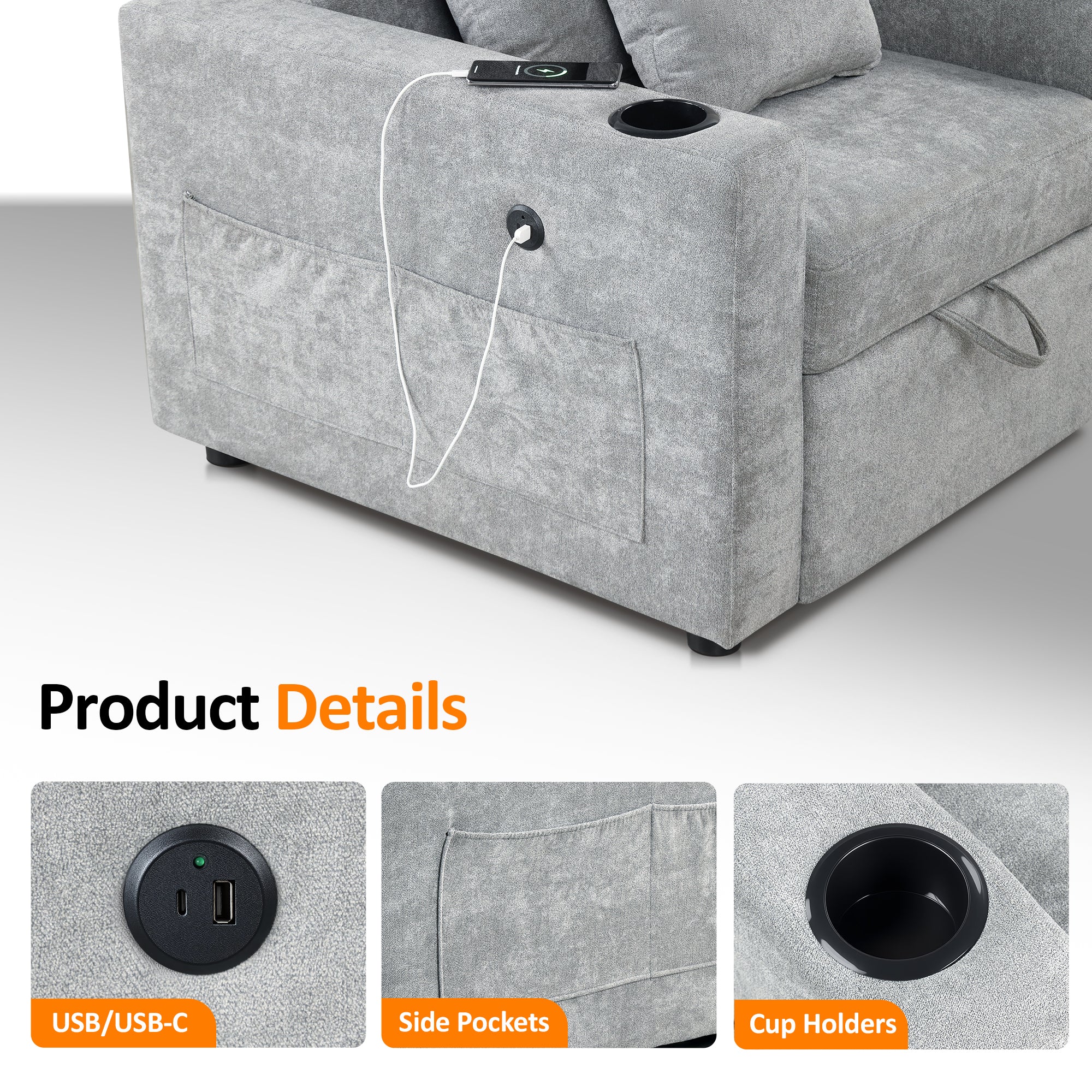 MCombo Convertible Sleeper Chair Bed, 3-in-1 Folding Sofa Chair with Adjustable Backrest, Pull-Out Bed with USB Port, Cup Holders, Linen Fabric, for Small Spaces Living Room Guest Room Office VN6001