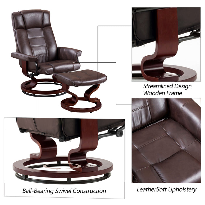 Mcombo Swiveling Recliner Chair with Wrapped Wood Base and Matching Ottoman Footrest, Furniture Casual Chair, Faux Leather 9019