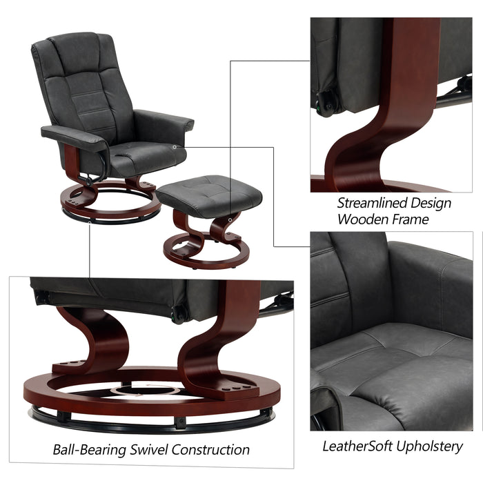 MCombo Swiveling Recliner Chair with Wrapped Wood Base and Matching Ottoman Footrest, Furniture Casual Chair, Faux Leather 9019