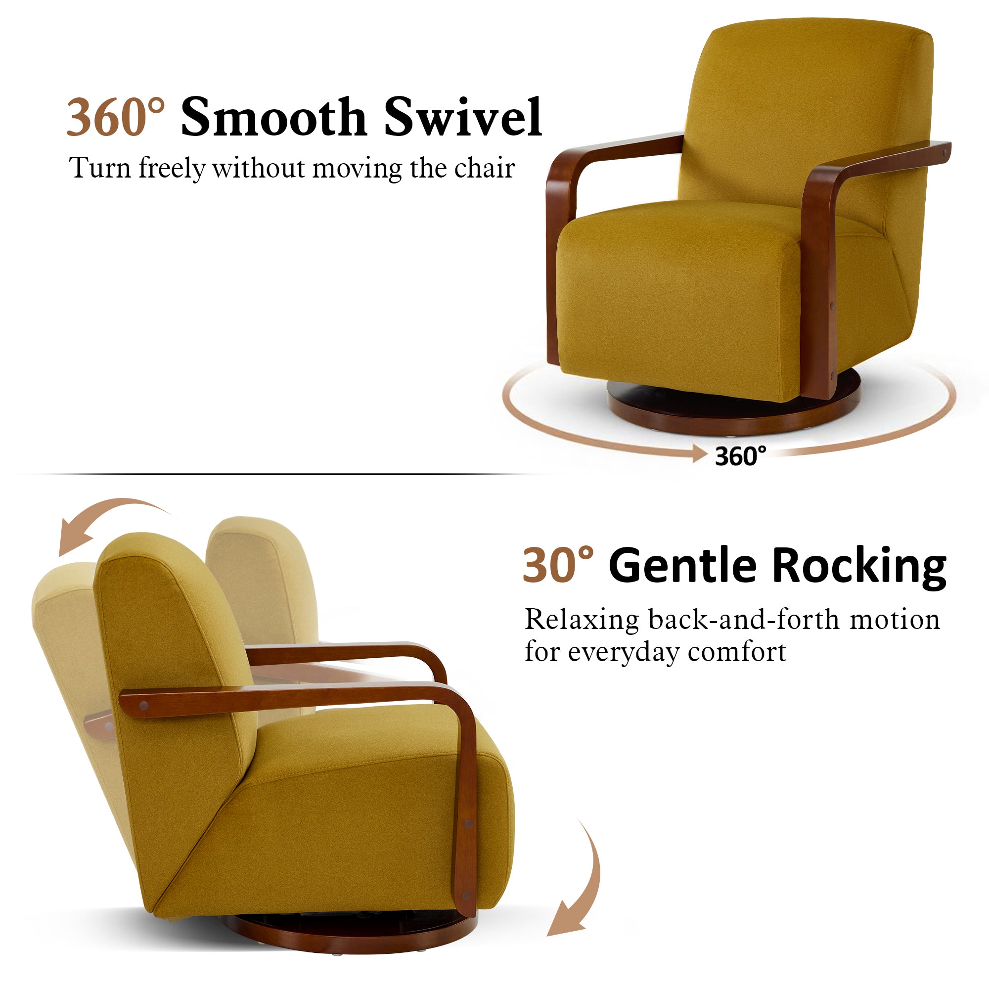 Swivel Glider Accent Chair, Wood Arm, Pet-Friendly Fabric, Classic Style for Living Room & Bedroom