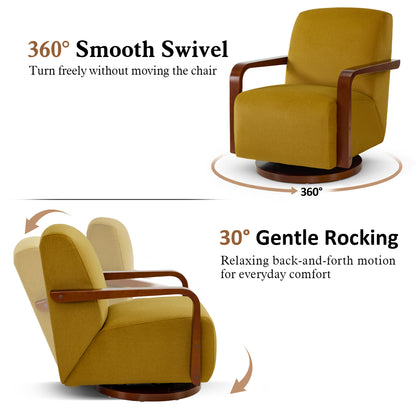 Swivel Glider Accent Chair, Wood Arm, Pet-Friendly Fabric, Classic Style for Living Room & Bedroom