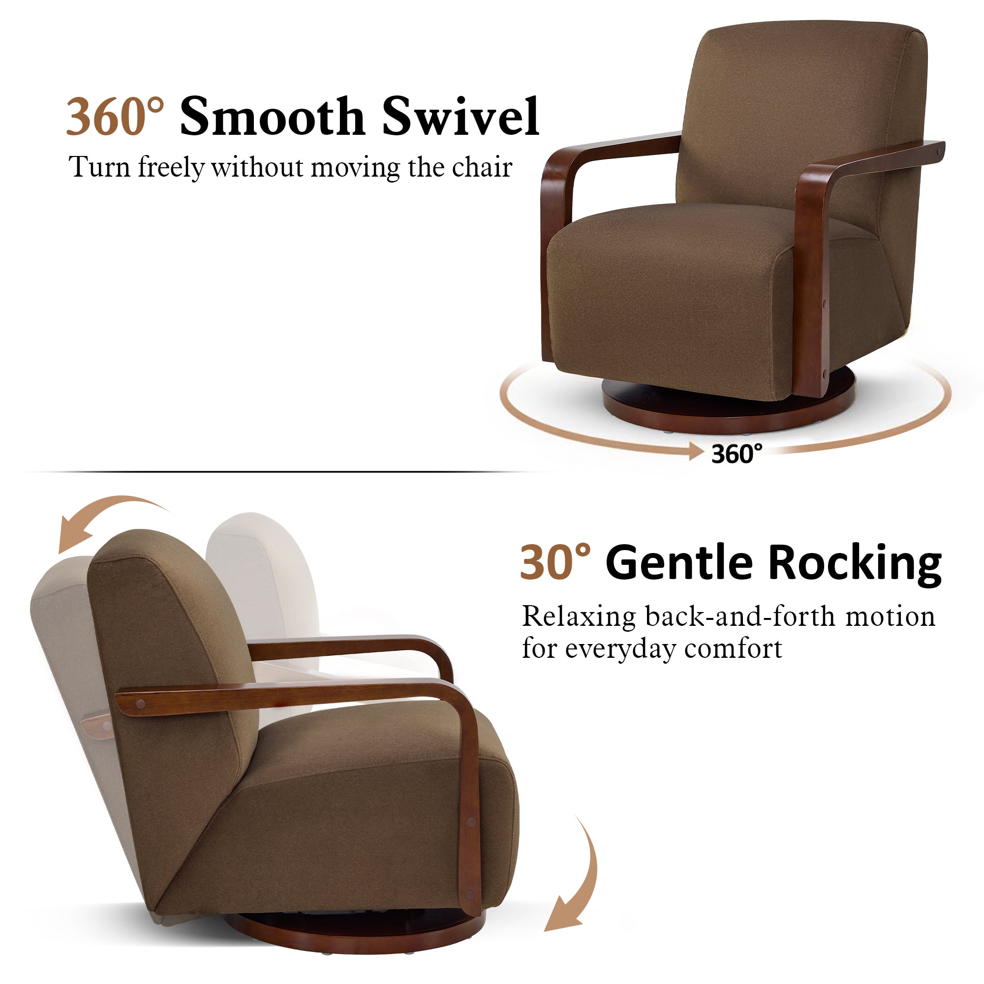 Swivel Glider Accent Chair, Wood Arm, Pet-Friendly Fabric, Classic Style for Living Room & Bedroom