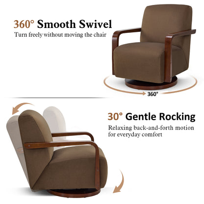 Swivel Glider Accent Chair, Wood Arm, Pet-Friendly Fabric, Classic Style for Living Room & Bedroom