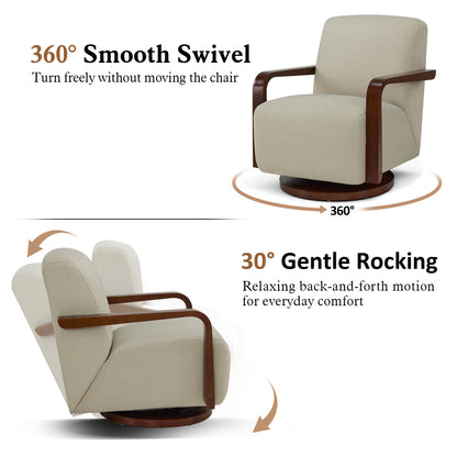 Swivel Glider Accent Chair, Wood Arm, Pet-Friendly Fabric, Classic Style for Living Room & Bedroom