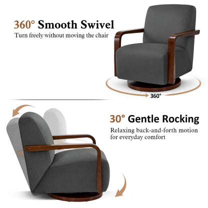 Swivel Glider Accent Chair, Wood Arm, Pet-Friendly Fabric, Classic Style for Living Room & Bedroom